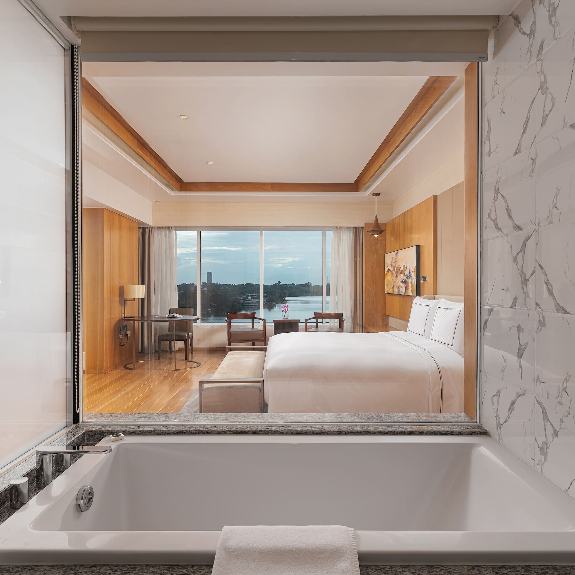 a view of a hotel room from a window