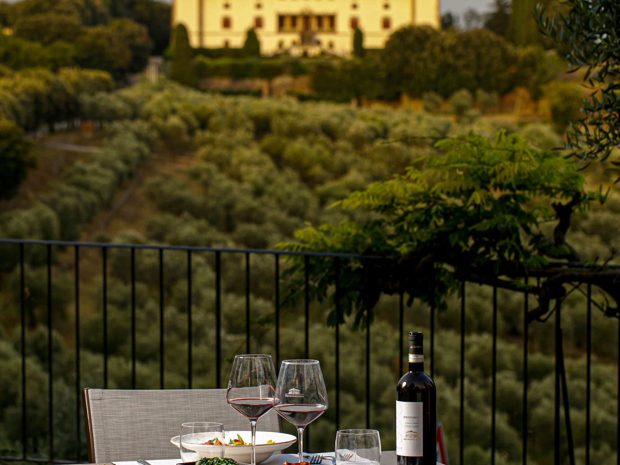 a table with food and wine on it
