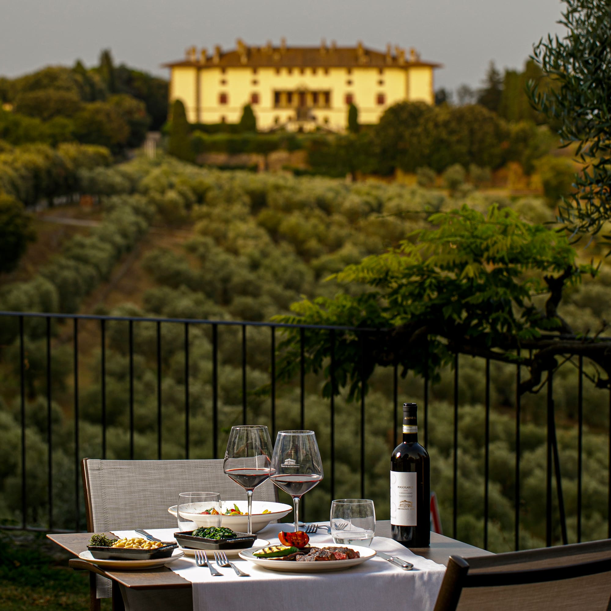 a table with food and wine on it