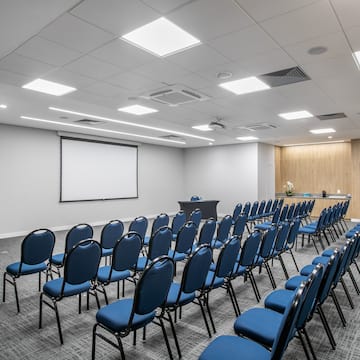 a room with rows of blue chairs