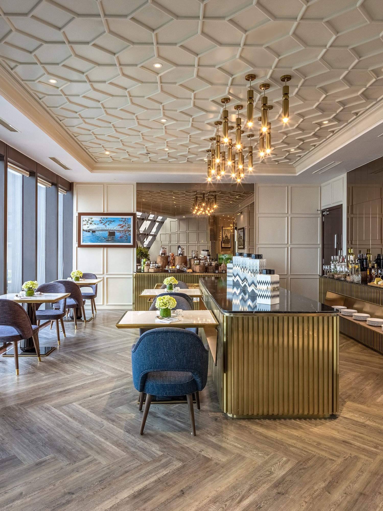 a room with tables and chairs