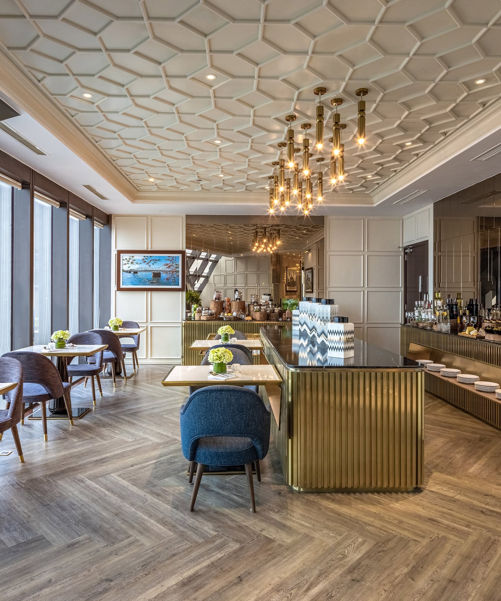 a room with tables and chairs