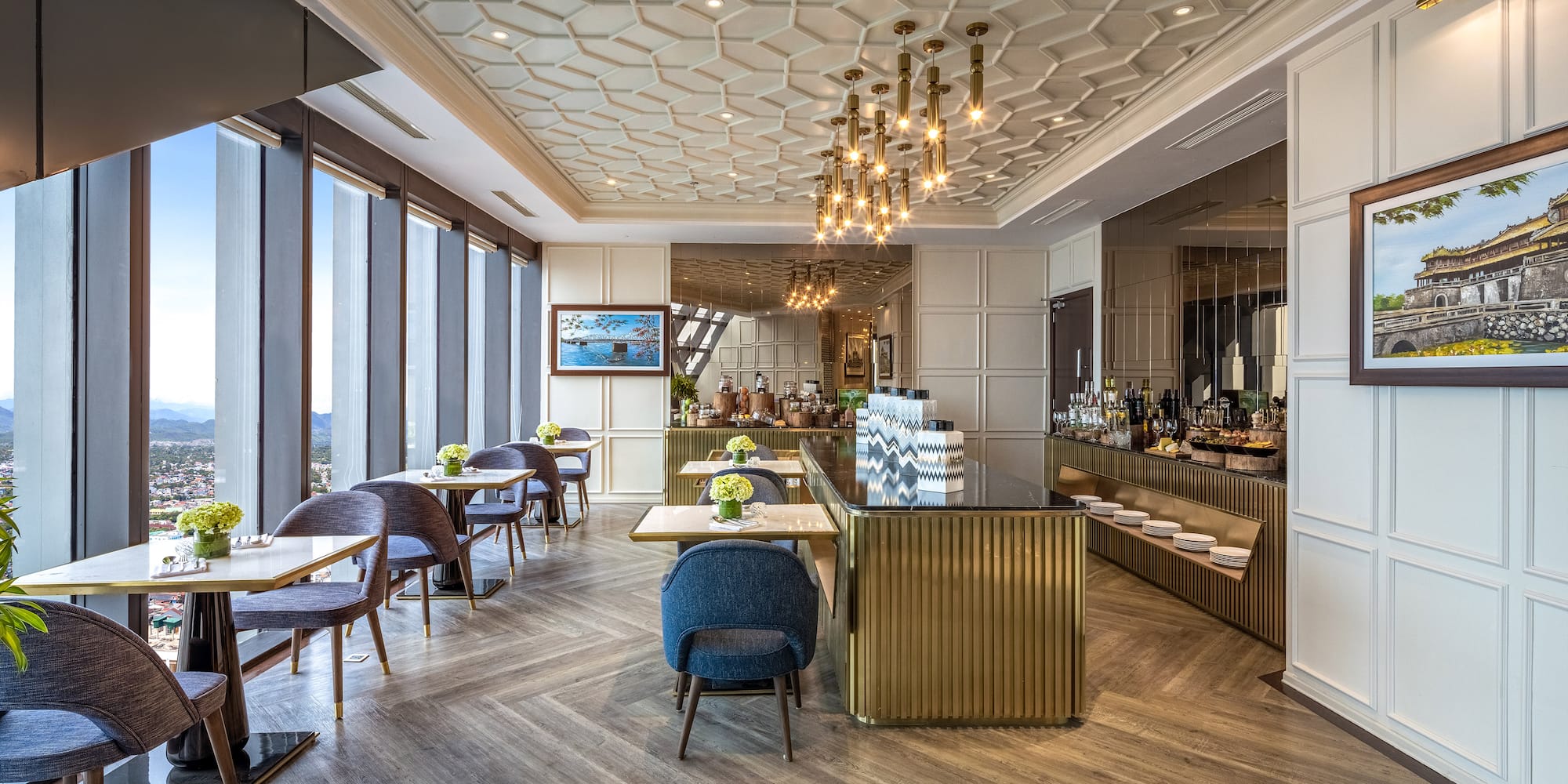 a room with tables and chairs