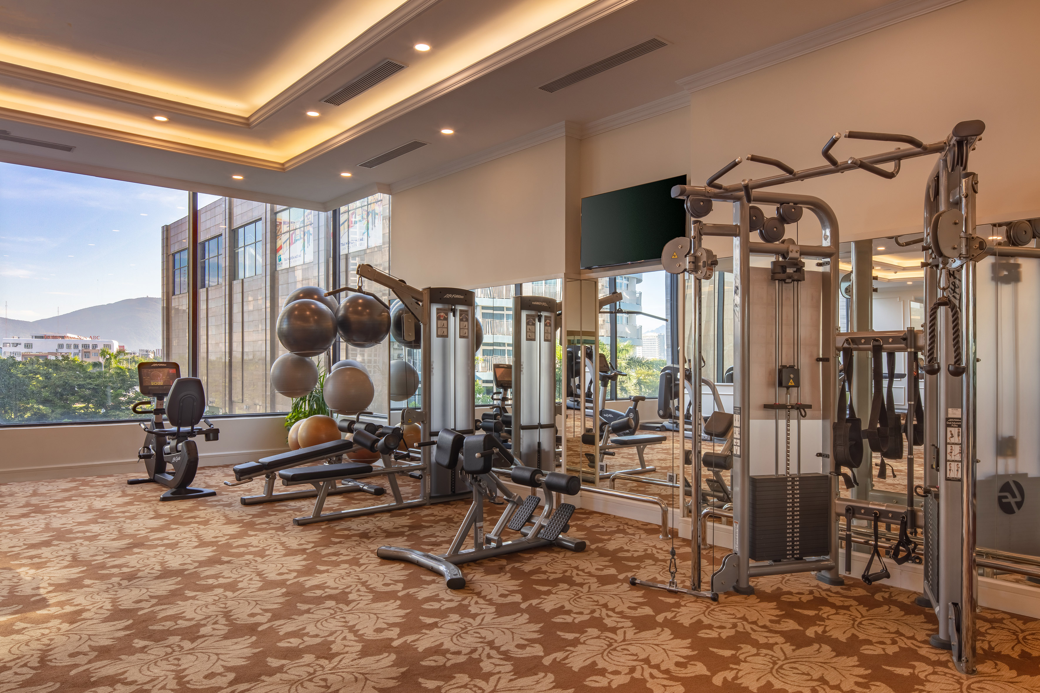 Modern gym with various exercise equipment, large windows, and city view.