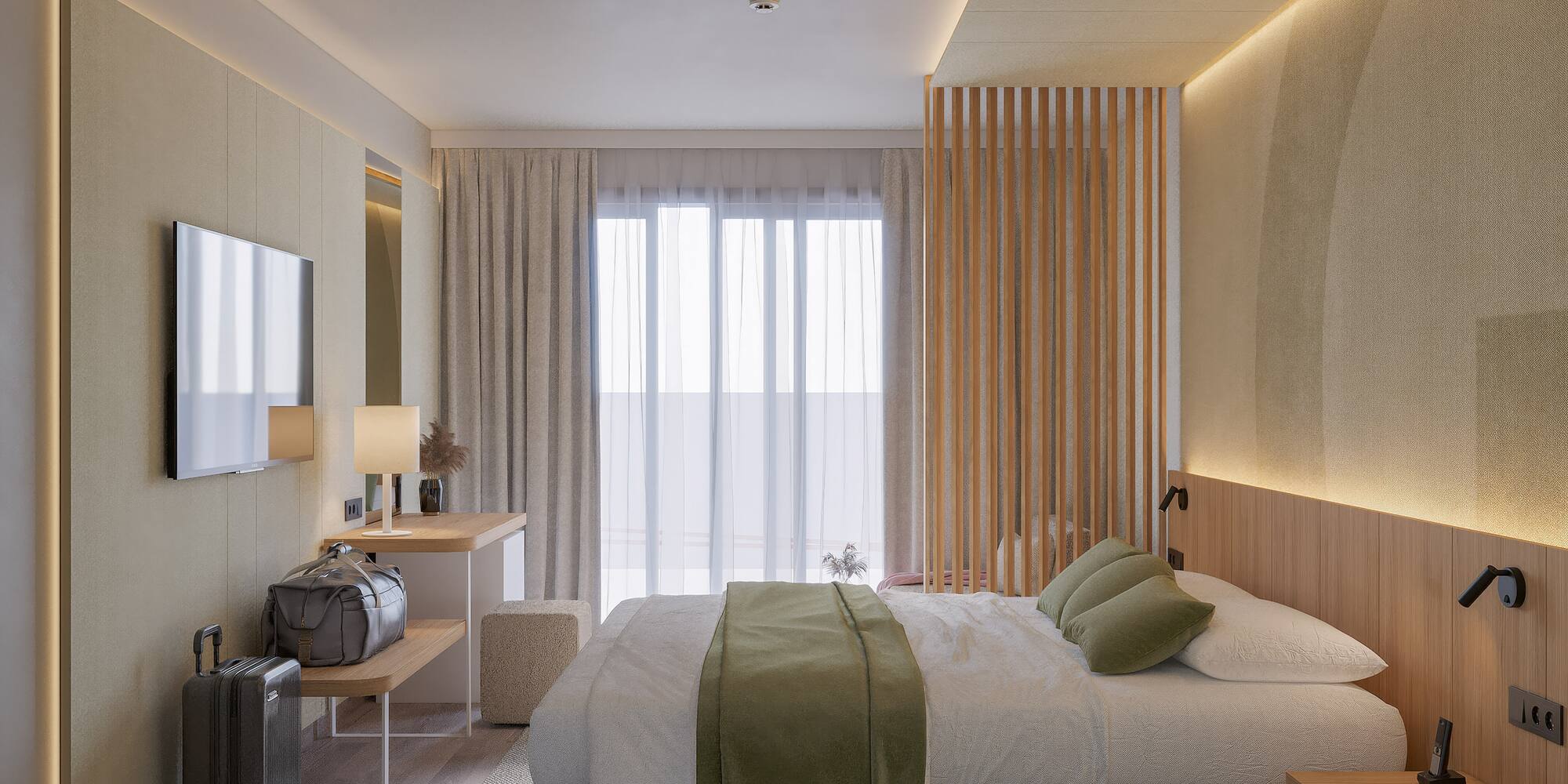 a bedroom with a bed and a mirror