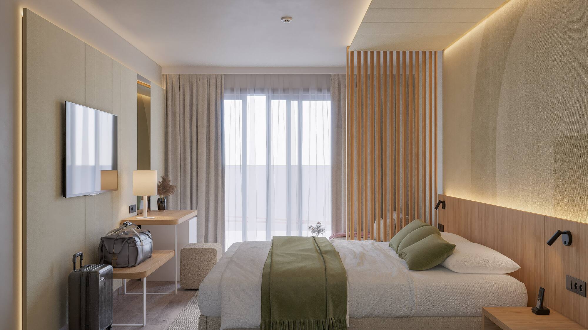 a bedroom with a bed and a mirror
