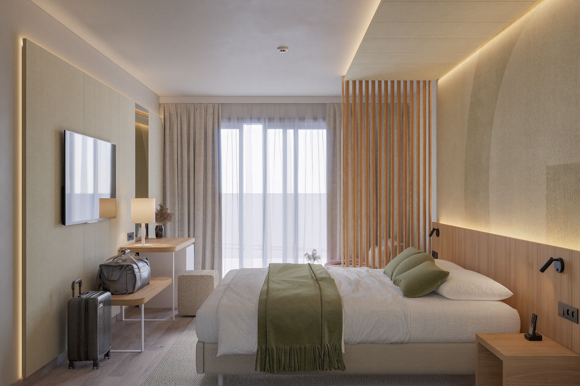 a bedroom with a bed and a mirror