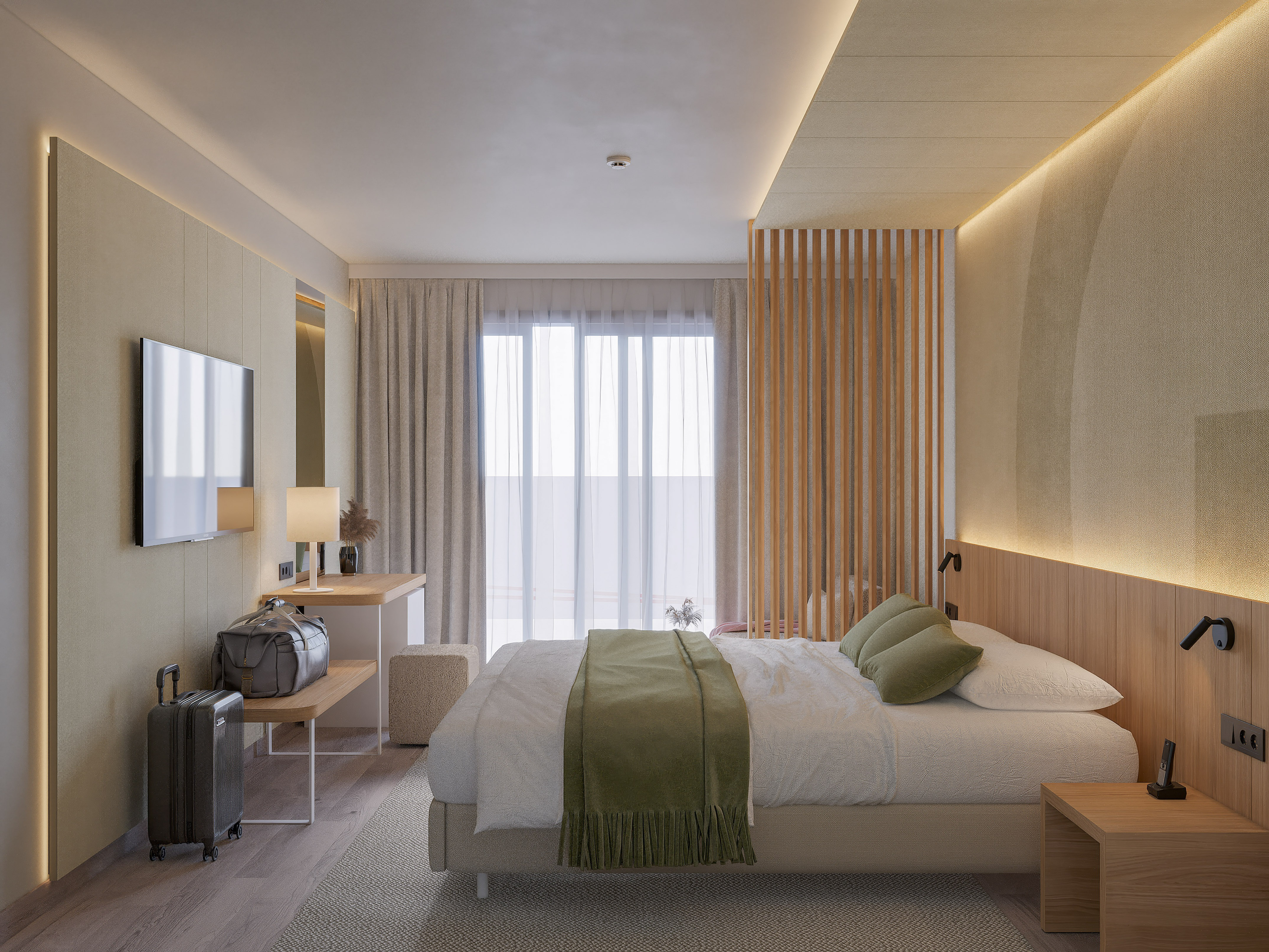 Contemporary hotel room with bed, green throw, wall TV, desk, and large window.