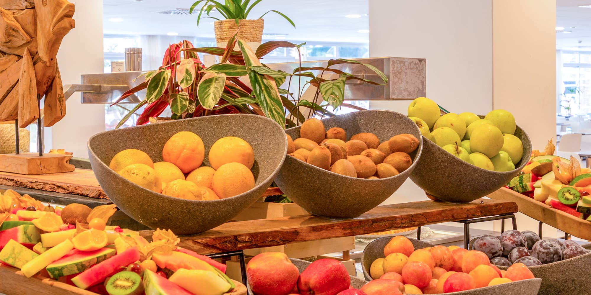 a group of bowls of fruit