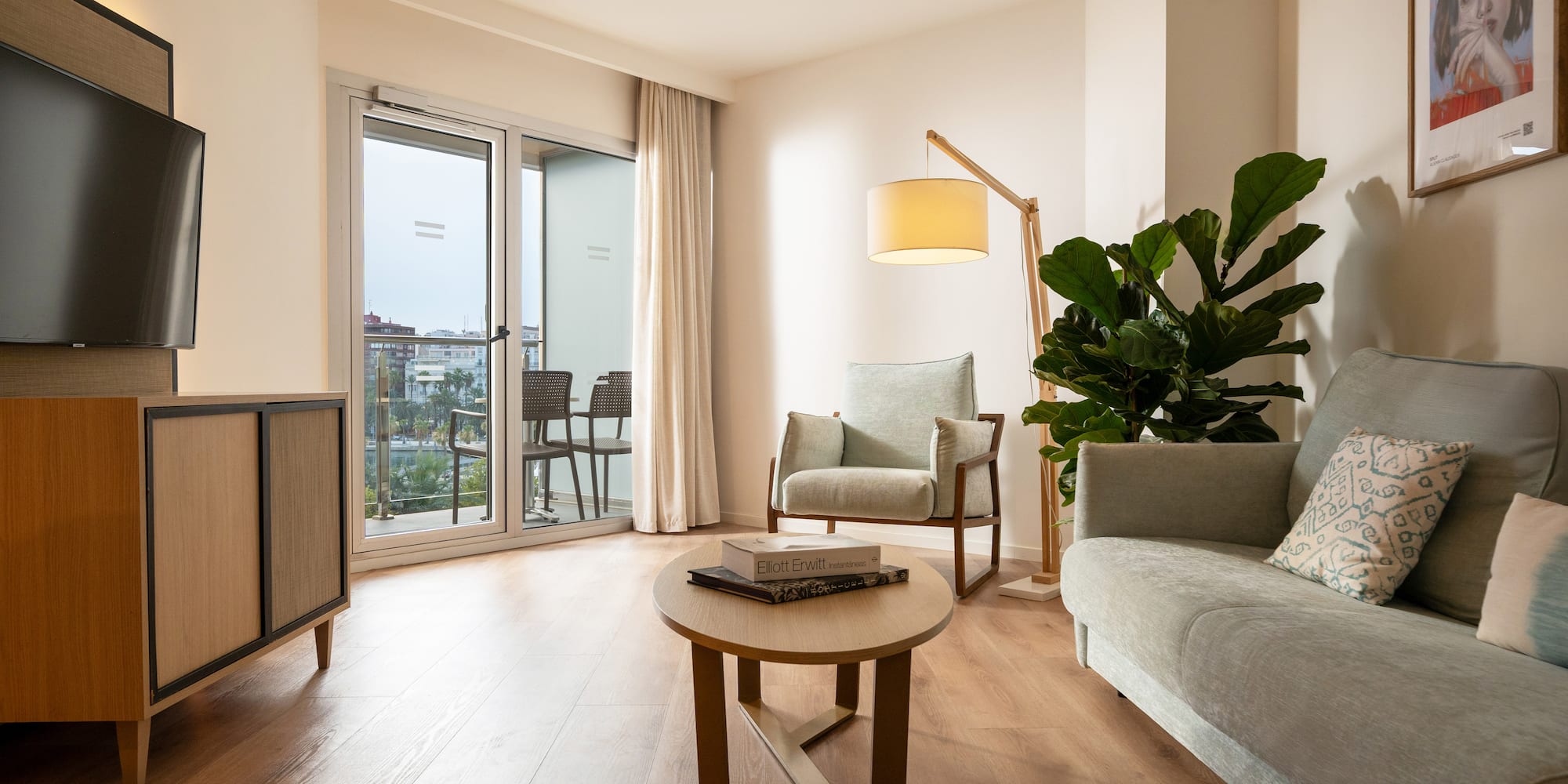 a living room with a couch and a table