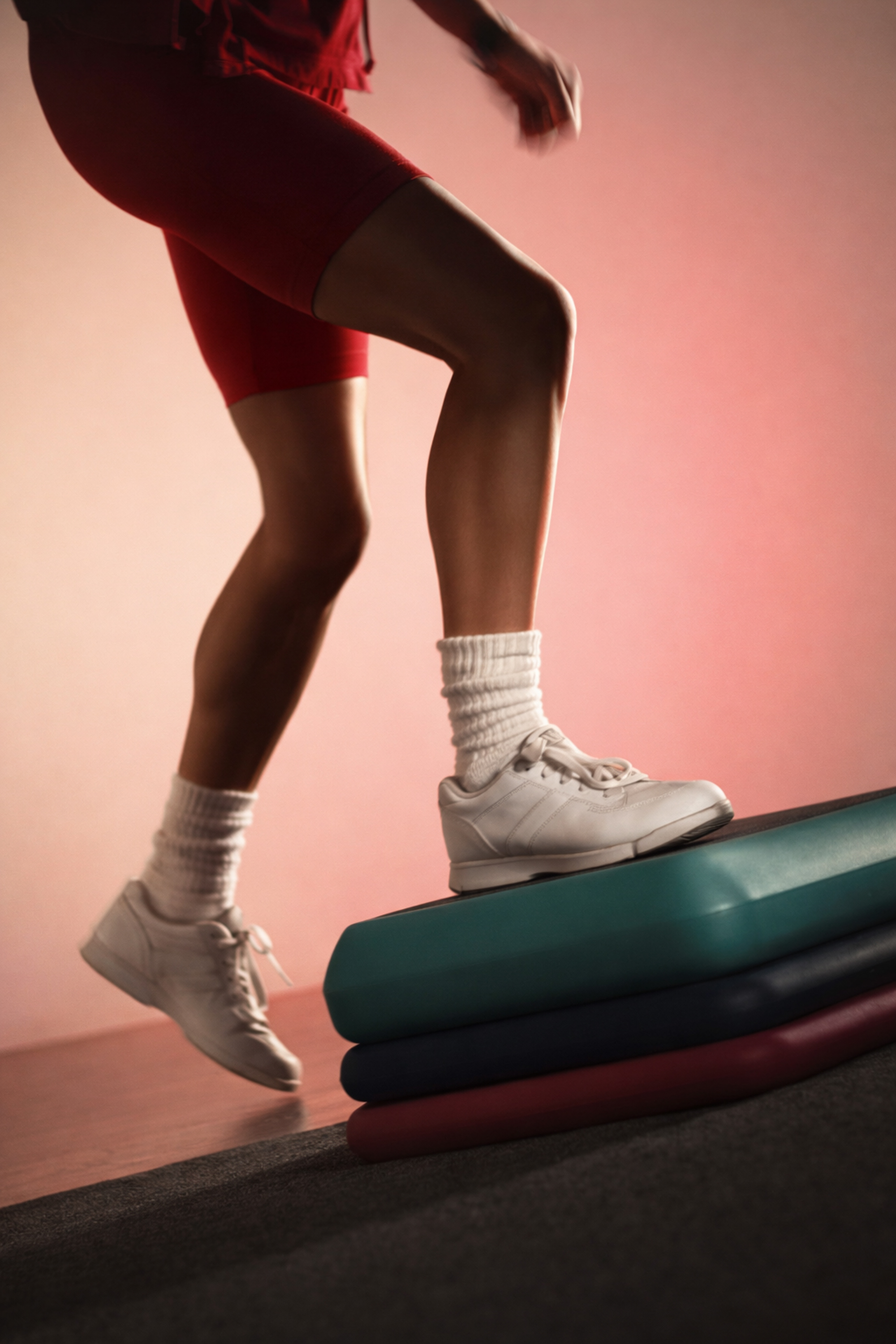 Person in red shorts and white sneakers stepping onto aerobics platforms.