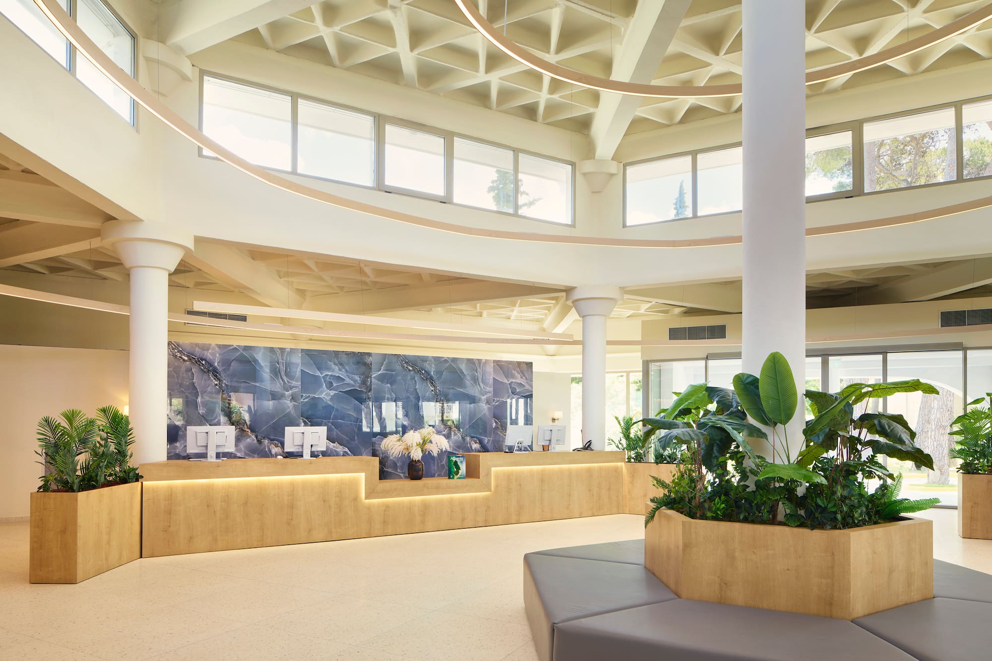 Modern hotel lobby with wooden reception desk, blue marble wall, and green plants.