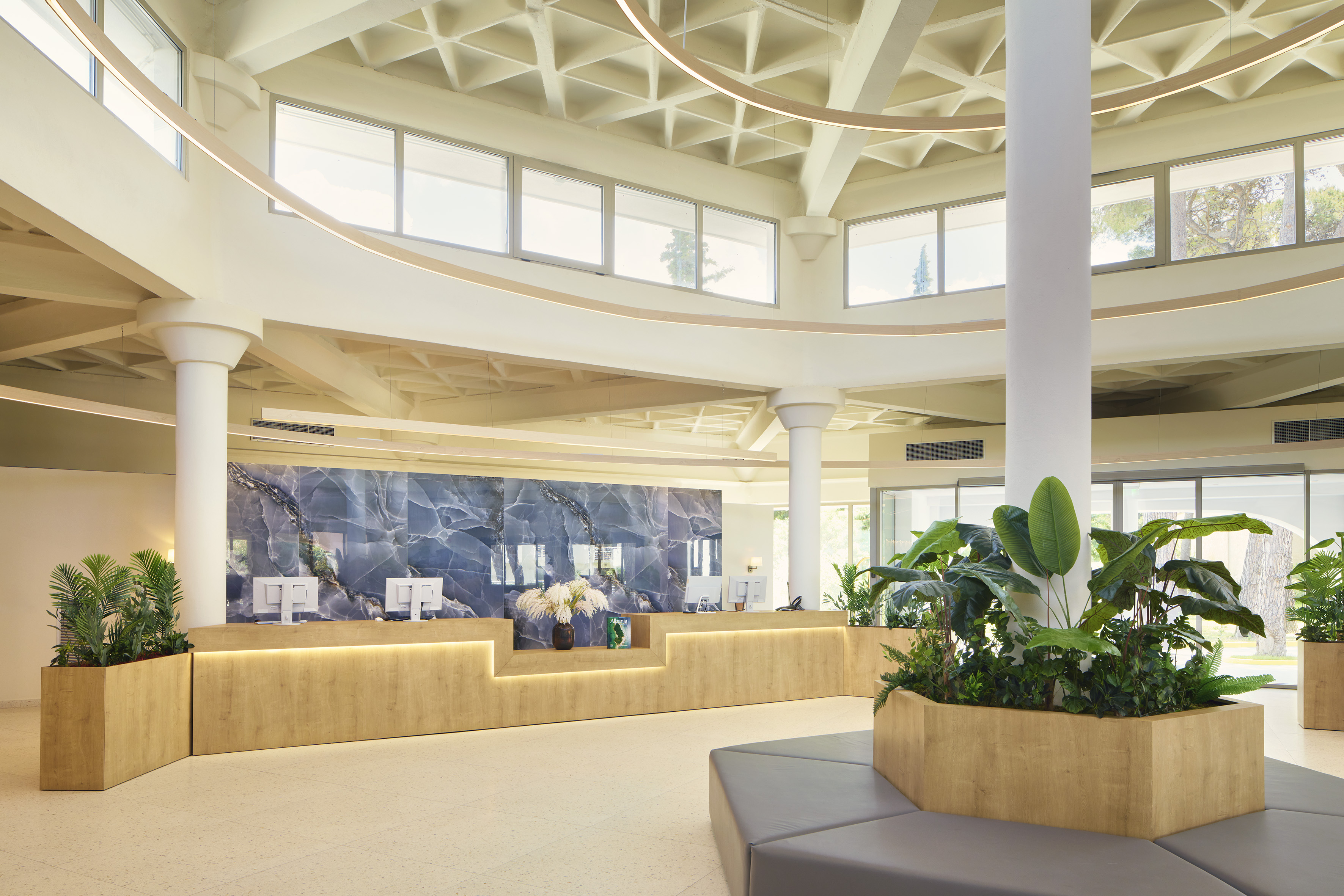 Modern hotel lobby with wooden reception desk, blue marble wall, and green plants.