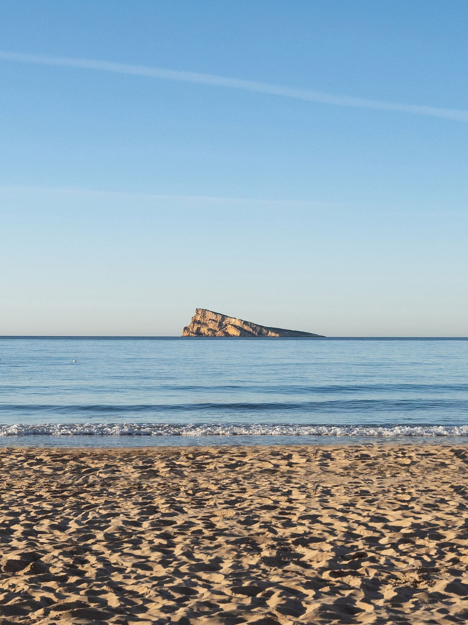 a sandy beach with a rock in the water