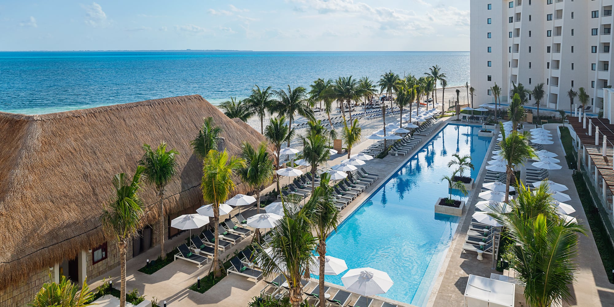 a swimming pool with palm trees and a building with a thatched roof