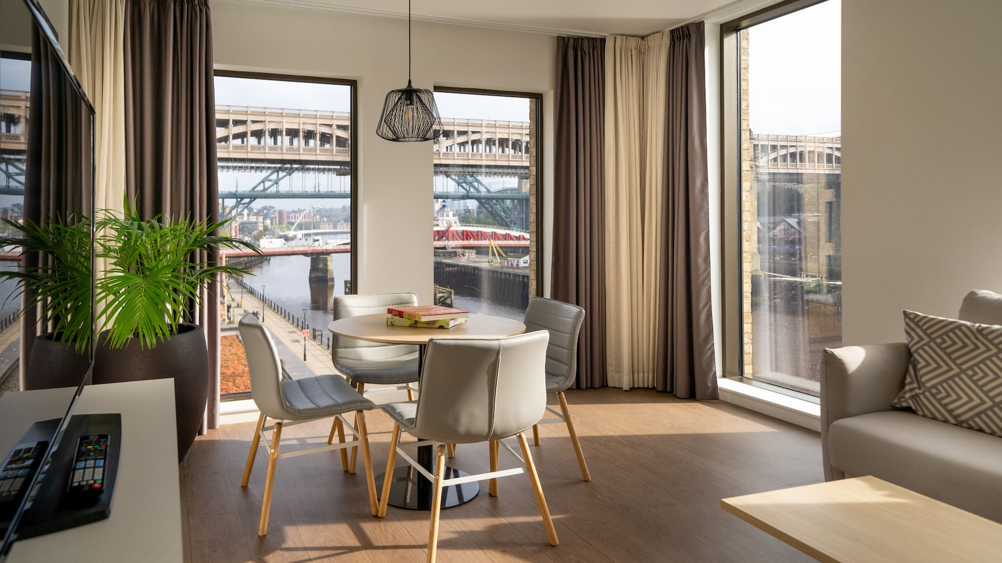 a room with a table and chairs