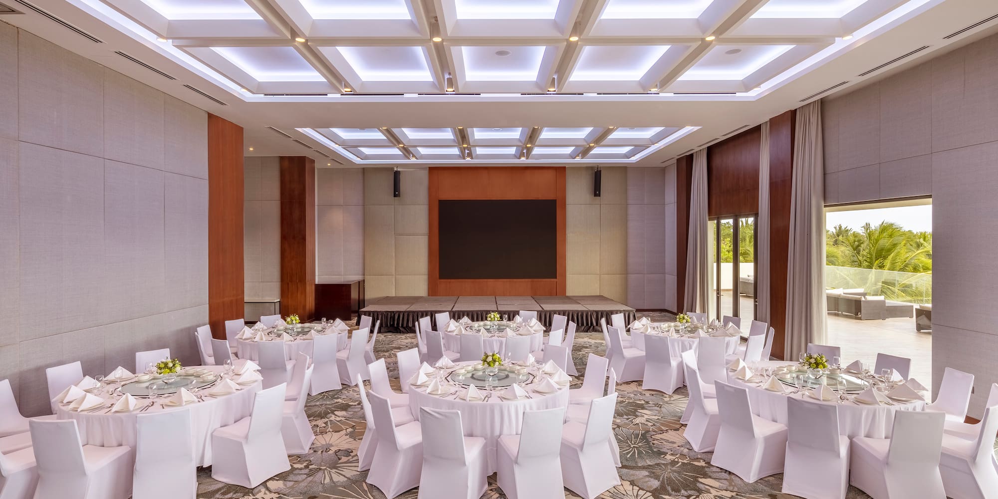 a room with tables and chairs