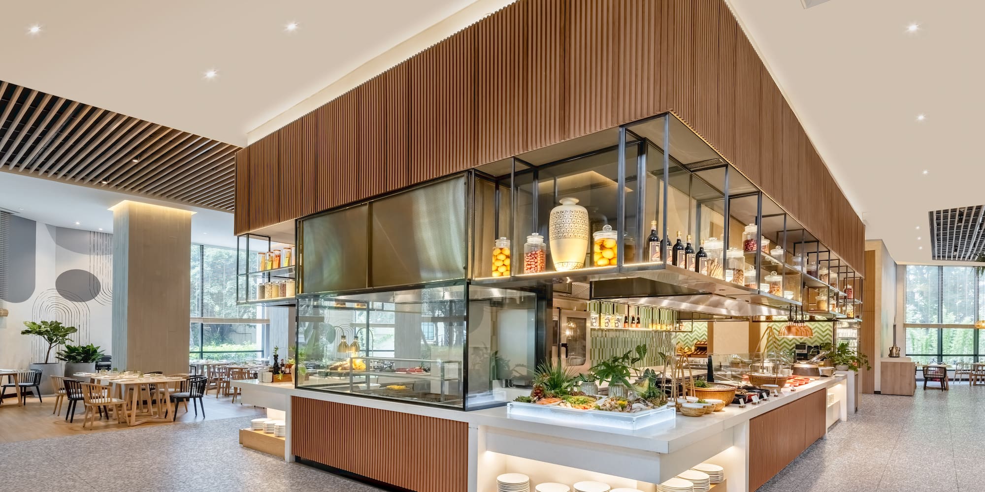 a restaurant with a buffet and tables