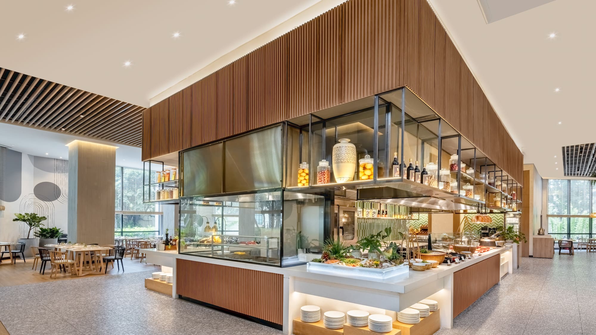 a restaurant with a buffet and tables