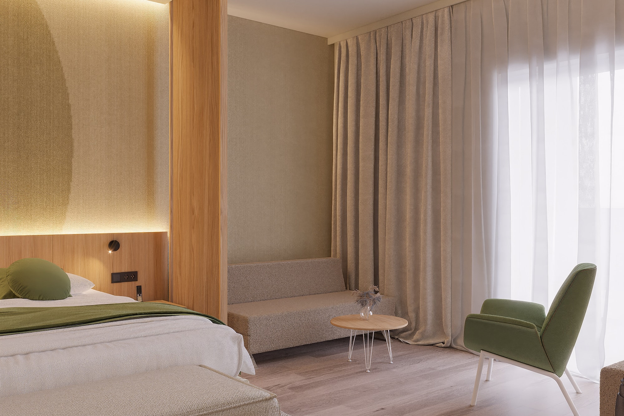 a room with a bed and a couch