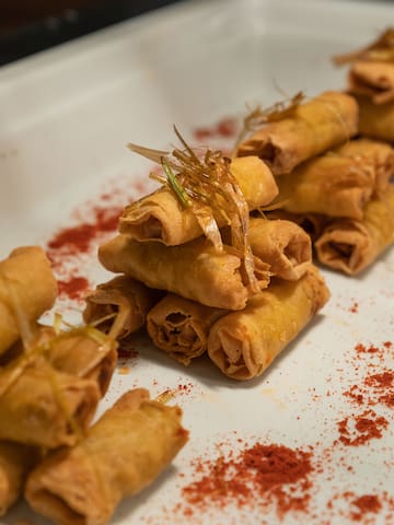 a plate of fried spring rolls