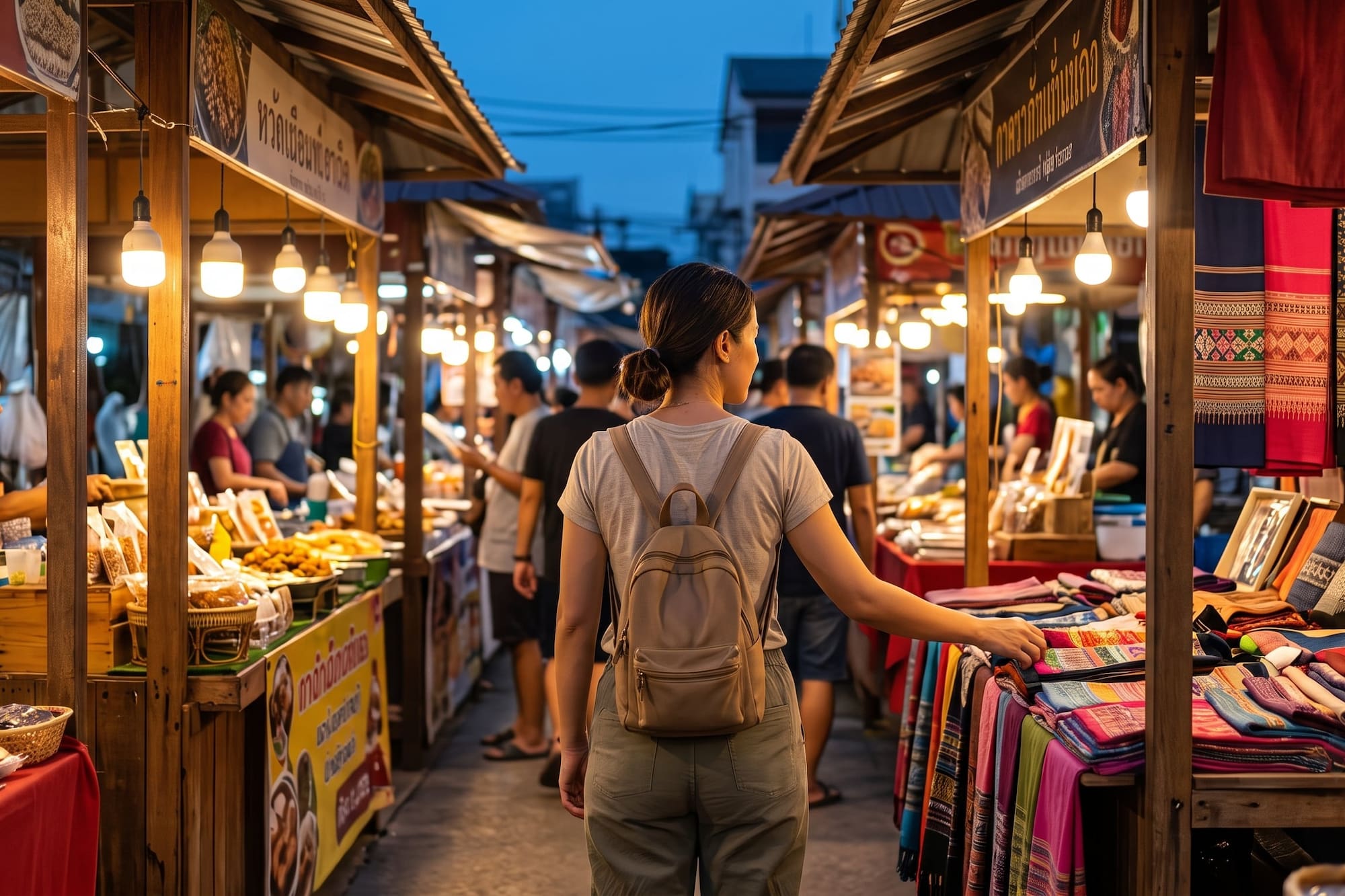 Woman browsing bustling Thai night market with food and textile stalls.