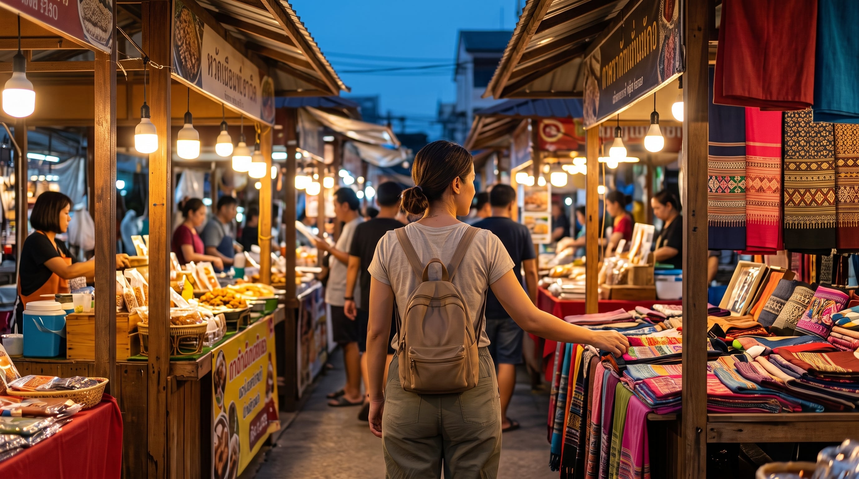 Woman browsing bustling Thai night market with food and textile stalls.