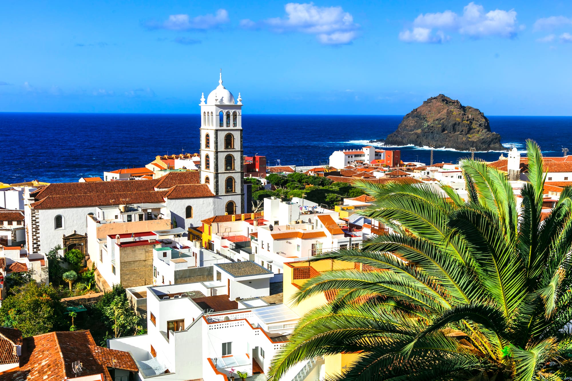 a white building with a tower and a palm tree next to the water