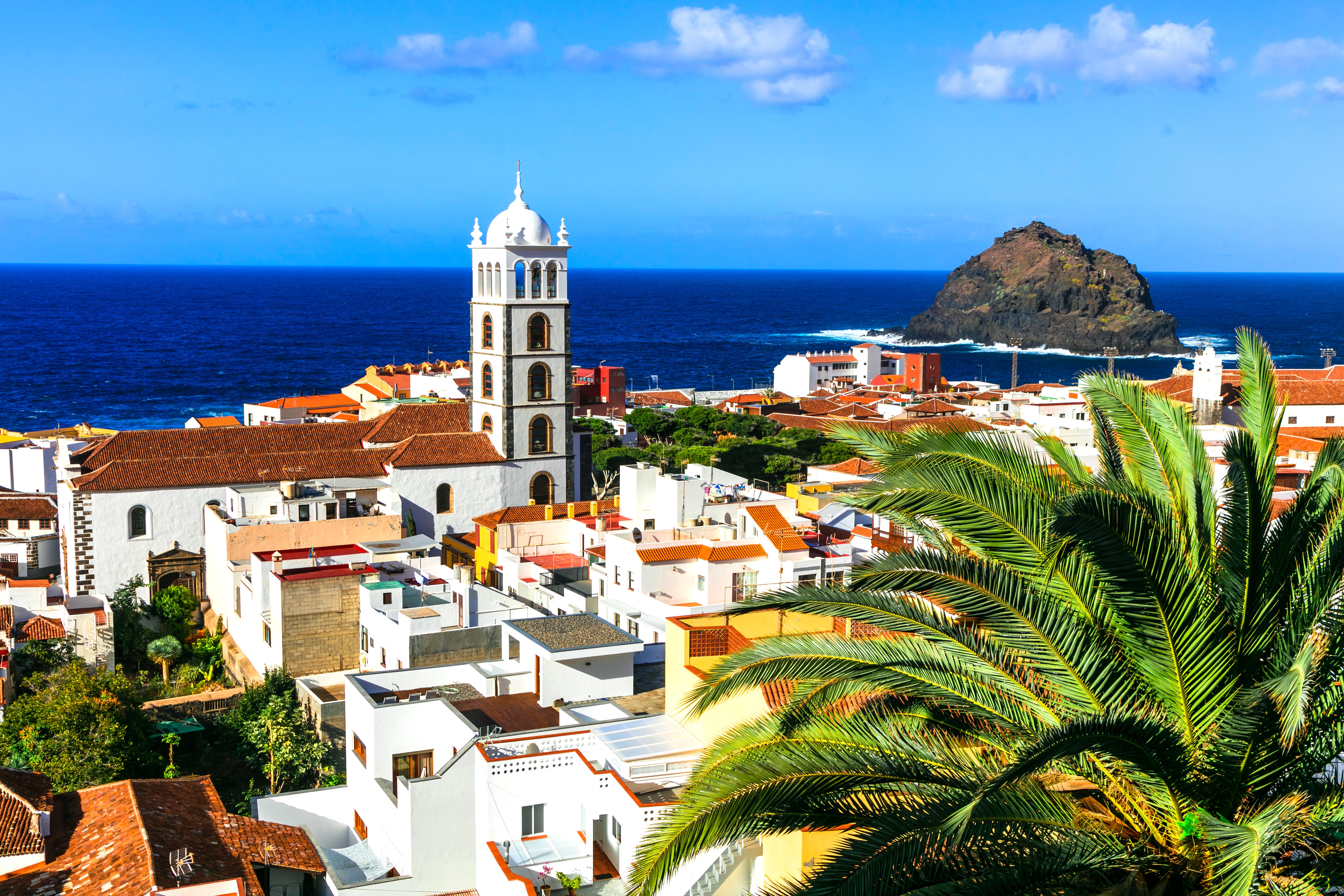 a white building with a tower and a palm tree next to the water