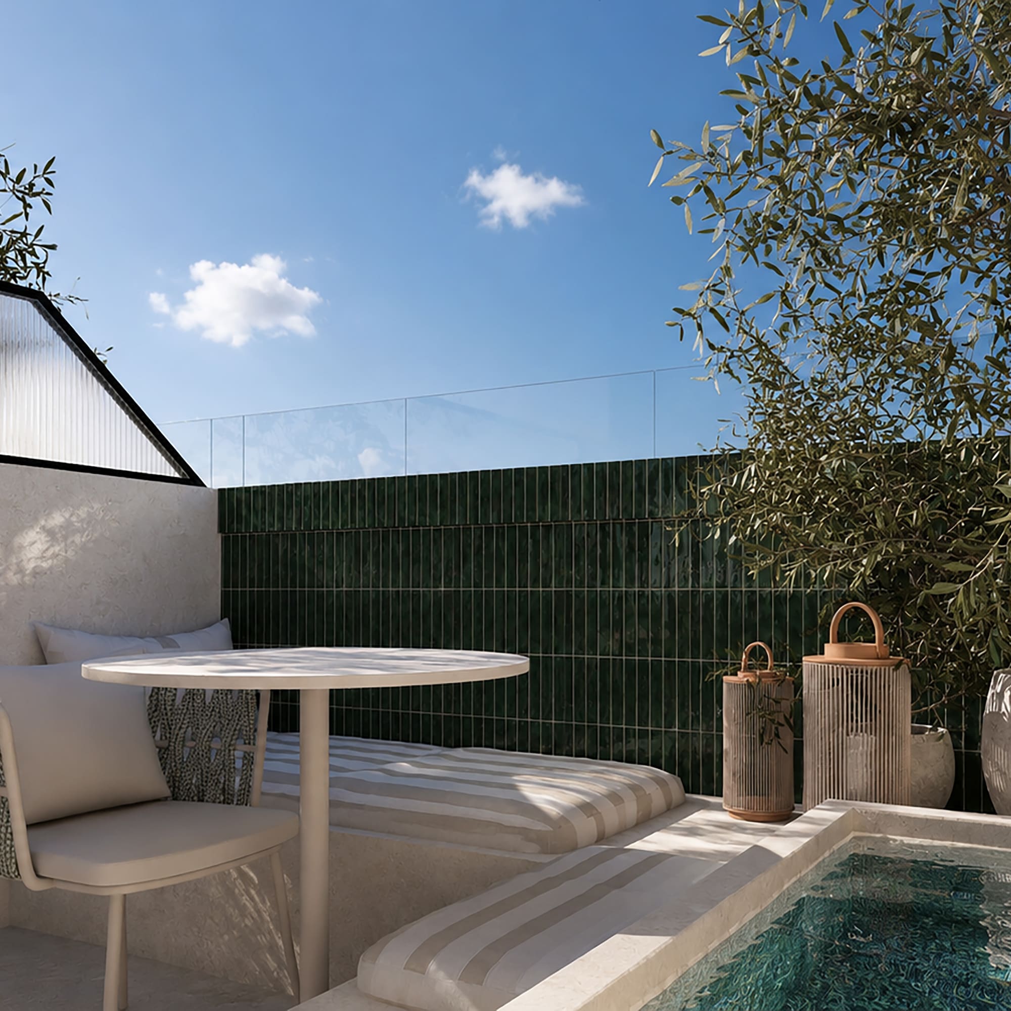 Terraza moderna con piscina, olivo en maceta, zona de estar y pared verde.