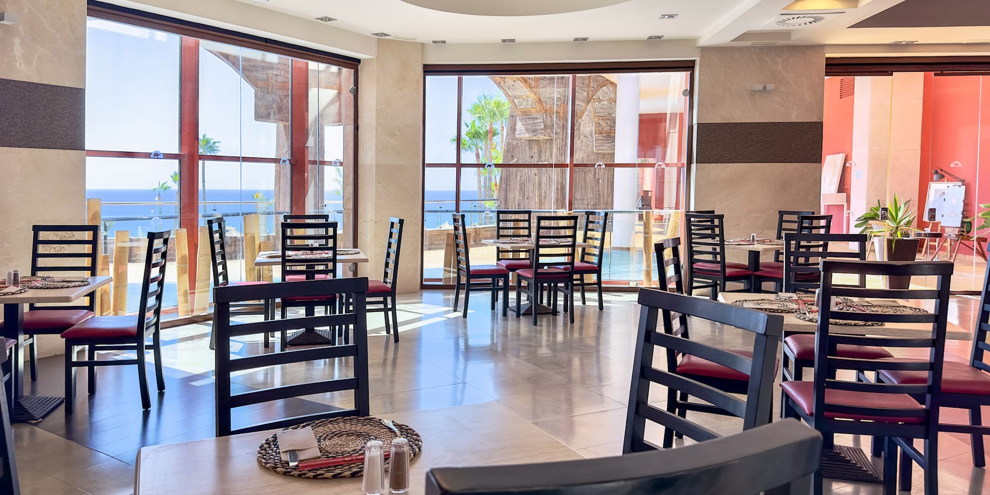 a room with tables and chairs