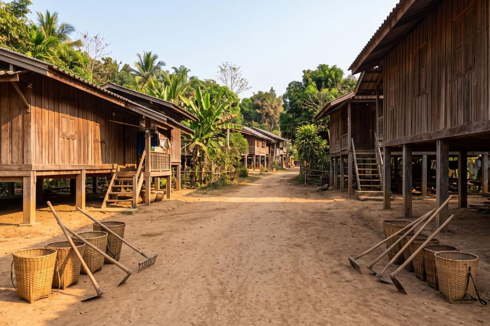 Traditional wooden stilt houses line a dirt village road with baskets and hoes.