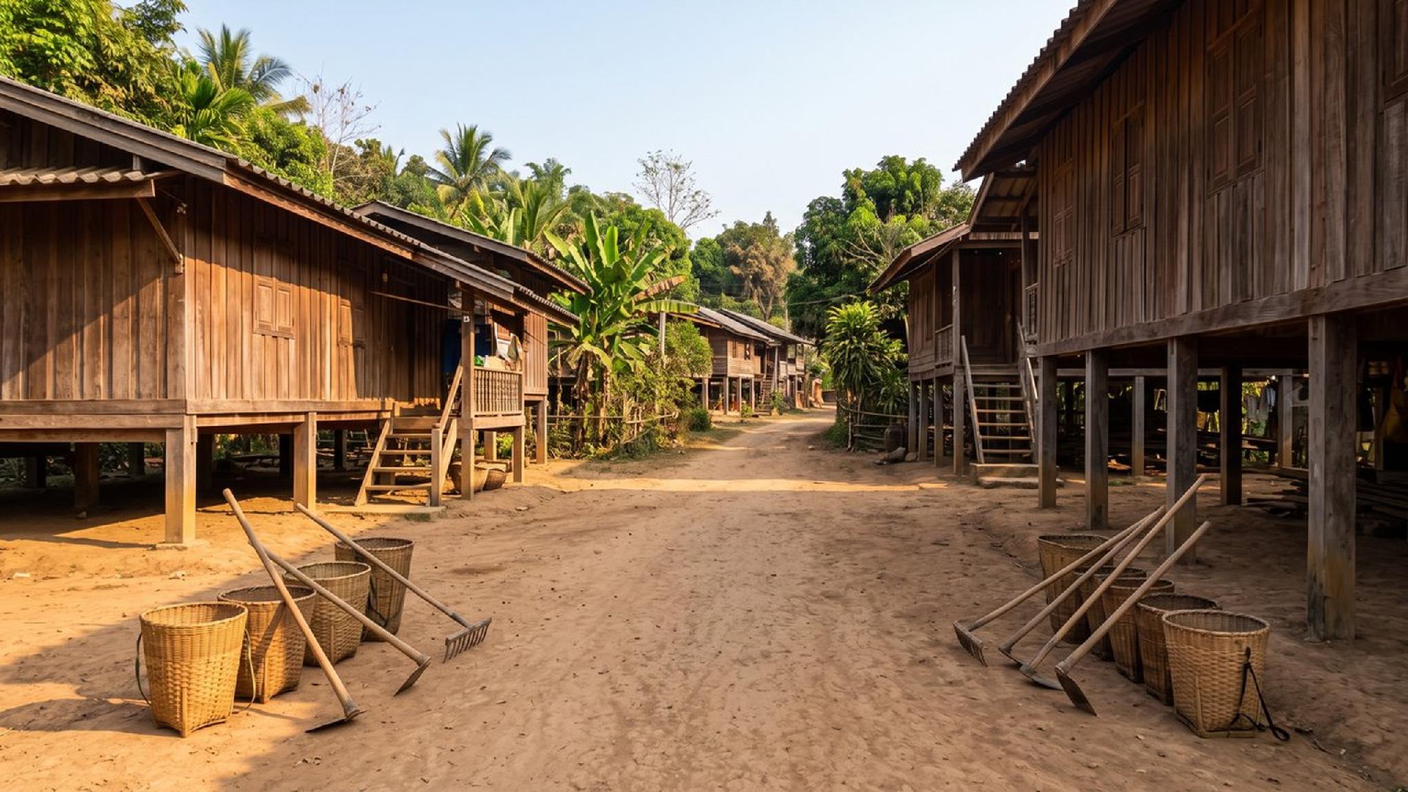 Traditional wooden stilt houses line a dirt village road with baskets and hoes.