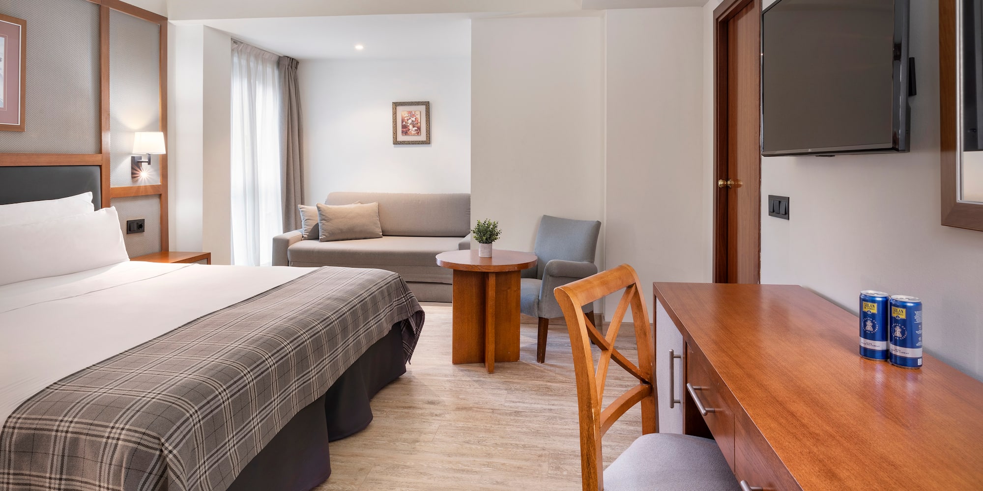 a room with a bed and a television