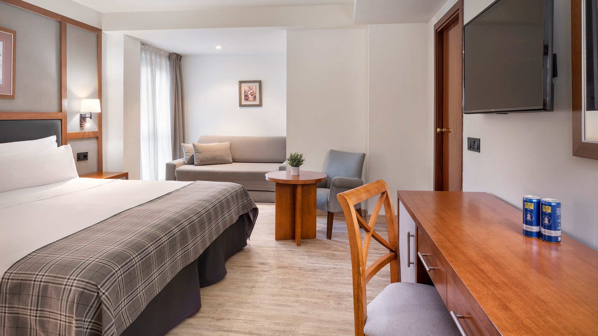 a room with a bed and a television