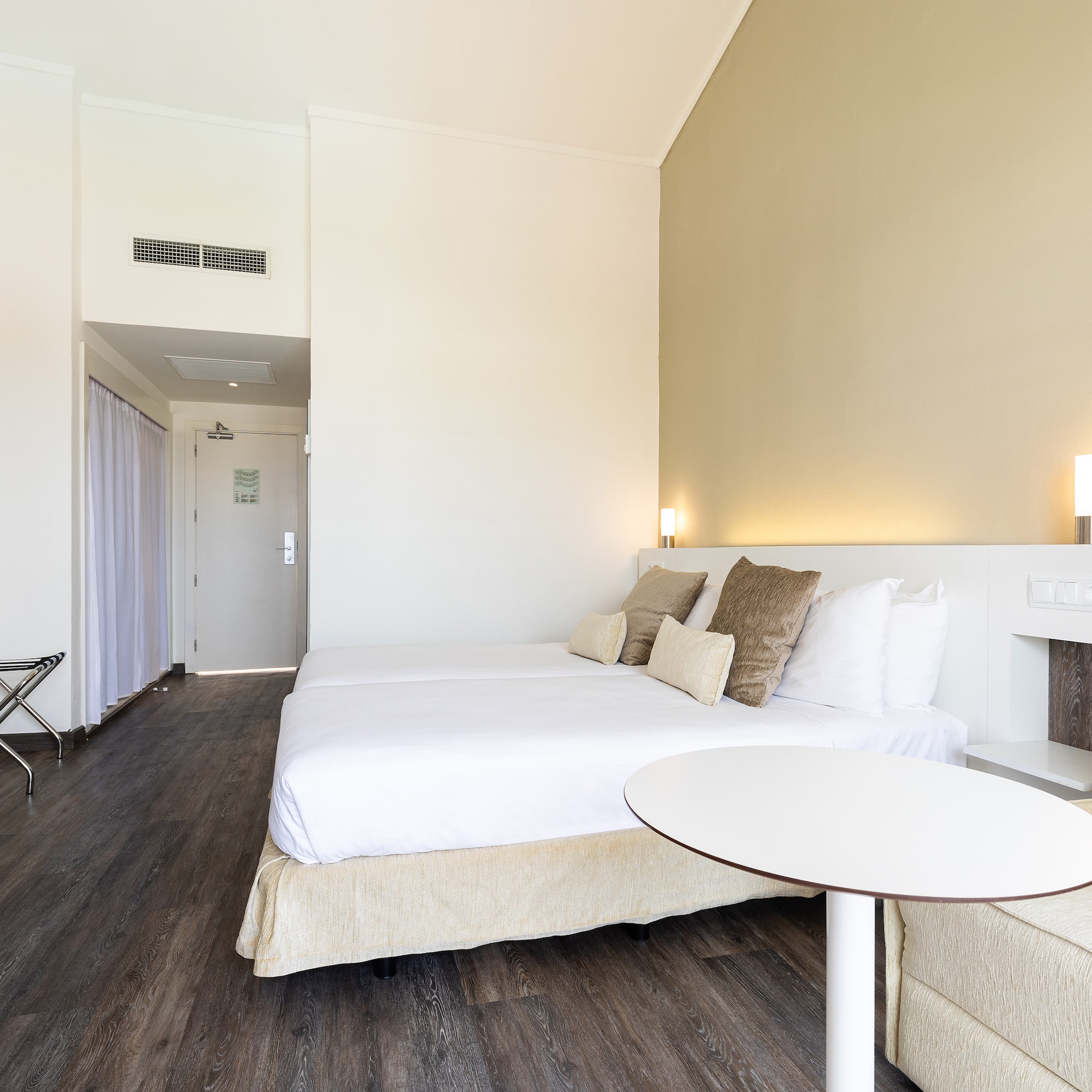 a room with a bed and a table