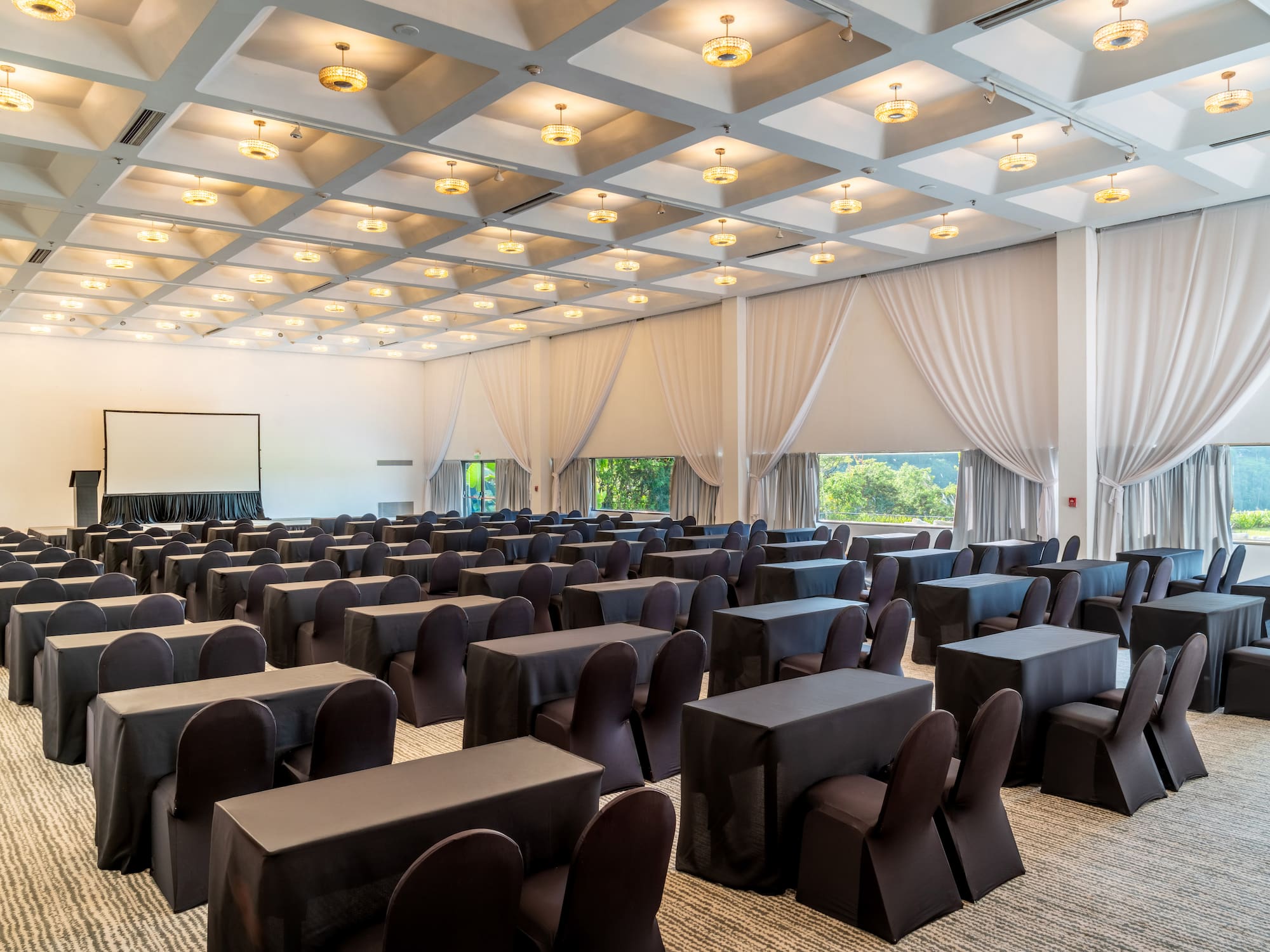 a room with tables and chairs