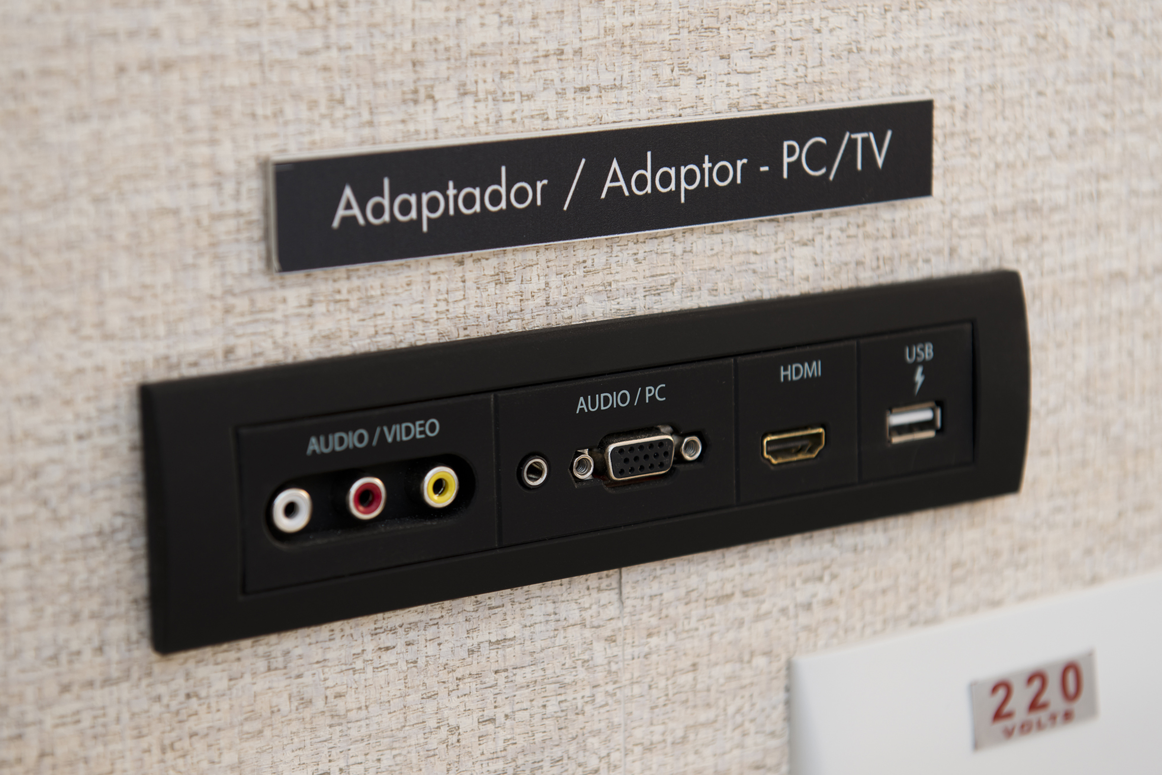 Multi-port PC/TV adaptor panel: HDMI, USB, VGA, audio/video inputs.