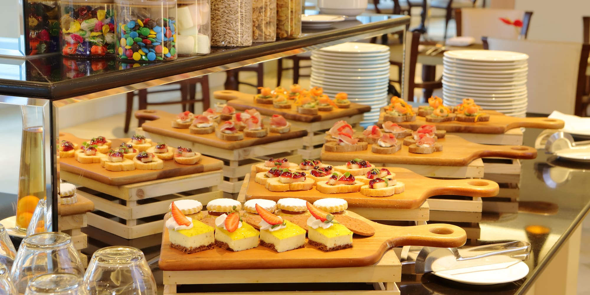 a display of food on wooden boards