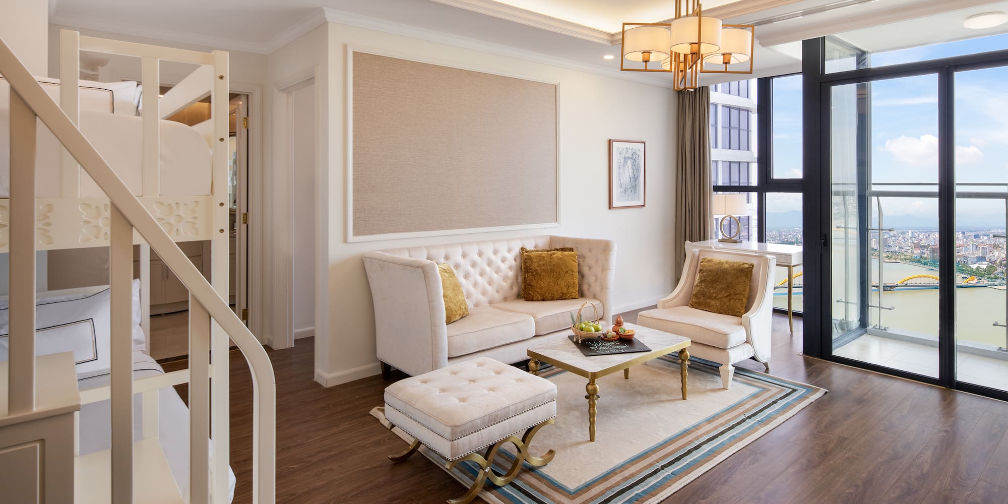 a living room with a couch and a table