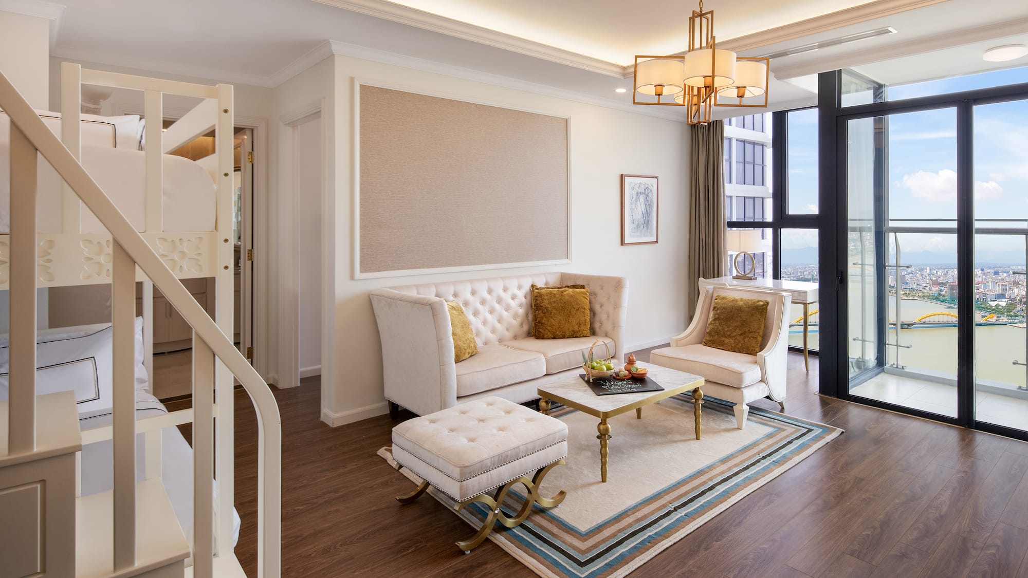 a living room with a couch and a table