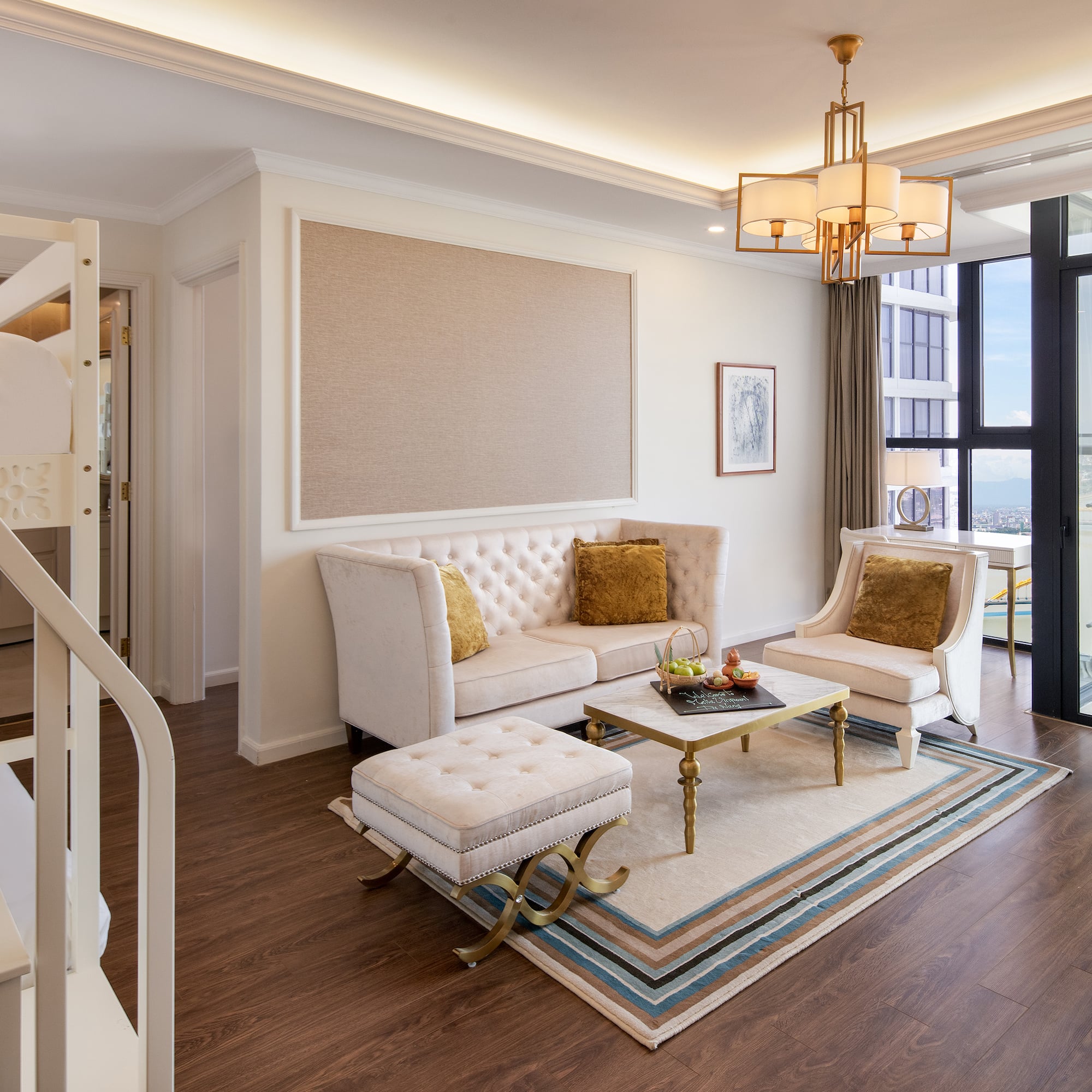 a living room with a couch and a table