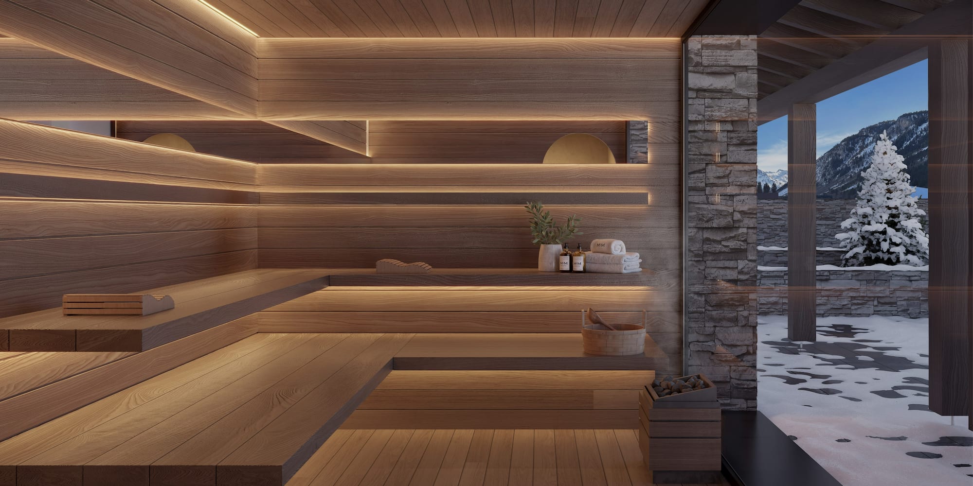 a sauna with a view of a snowy landscape