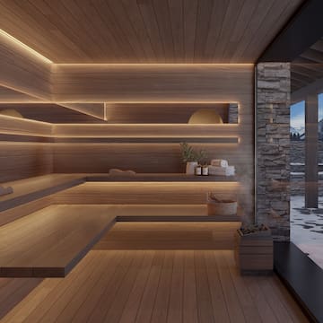 a sauna with a view of a snowy landscape