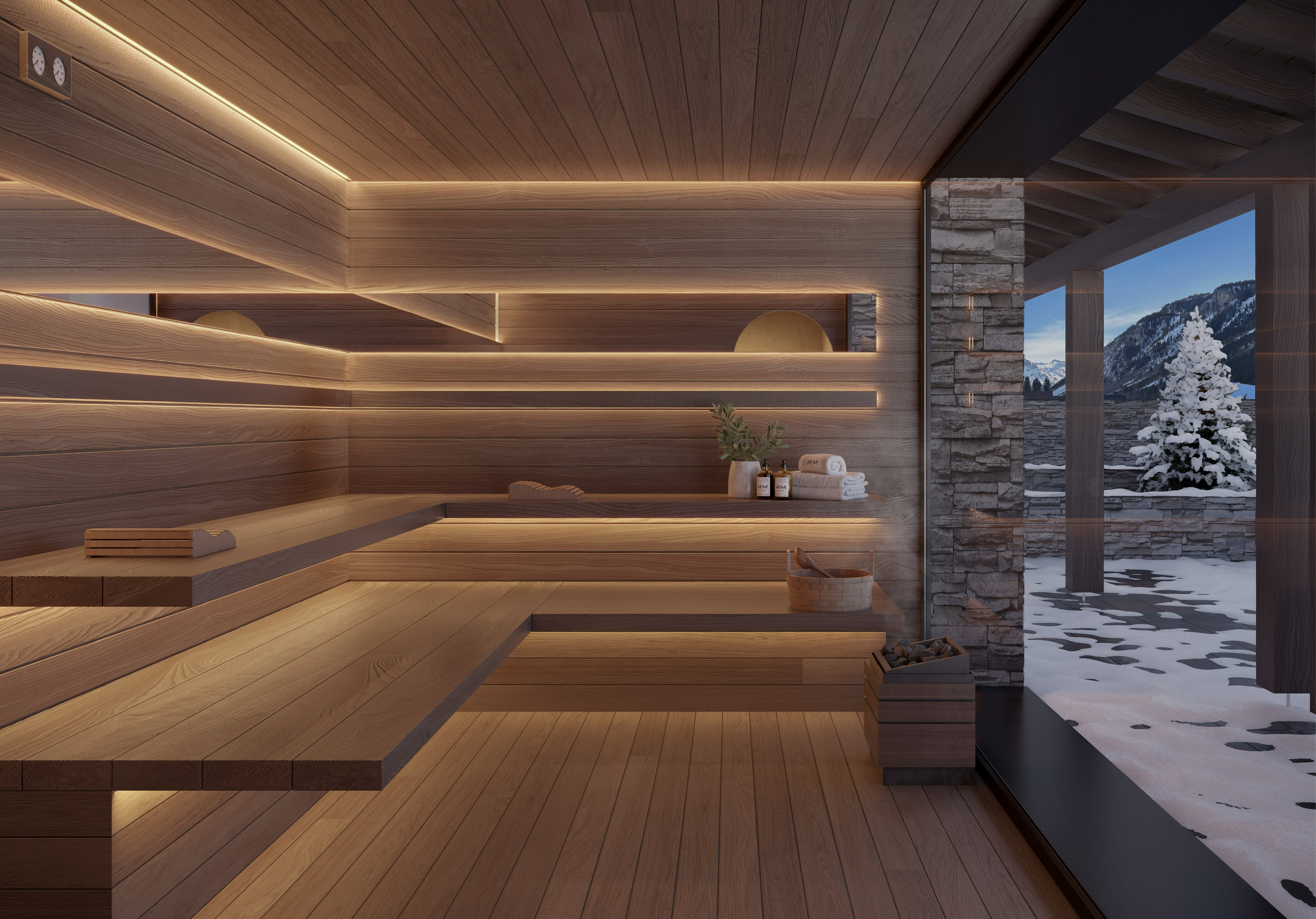 Alpine wooden sauna with benches, ambient lighting, and snowy mountain view.