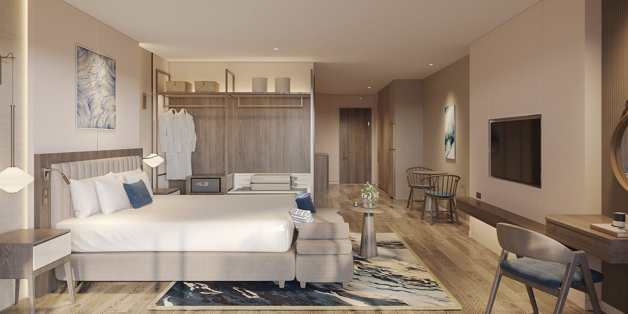 a room with a bed and a tv