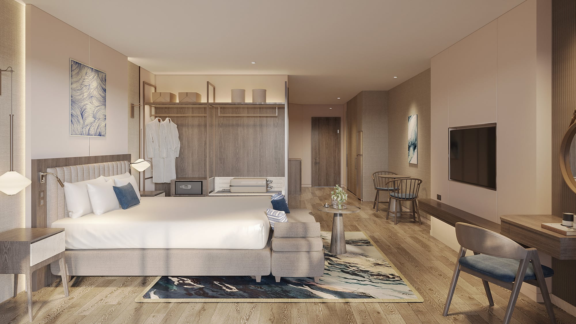 a room with a bed and a tv