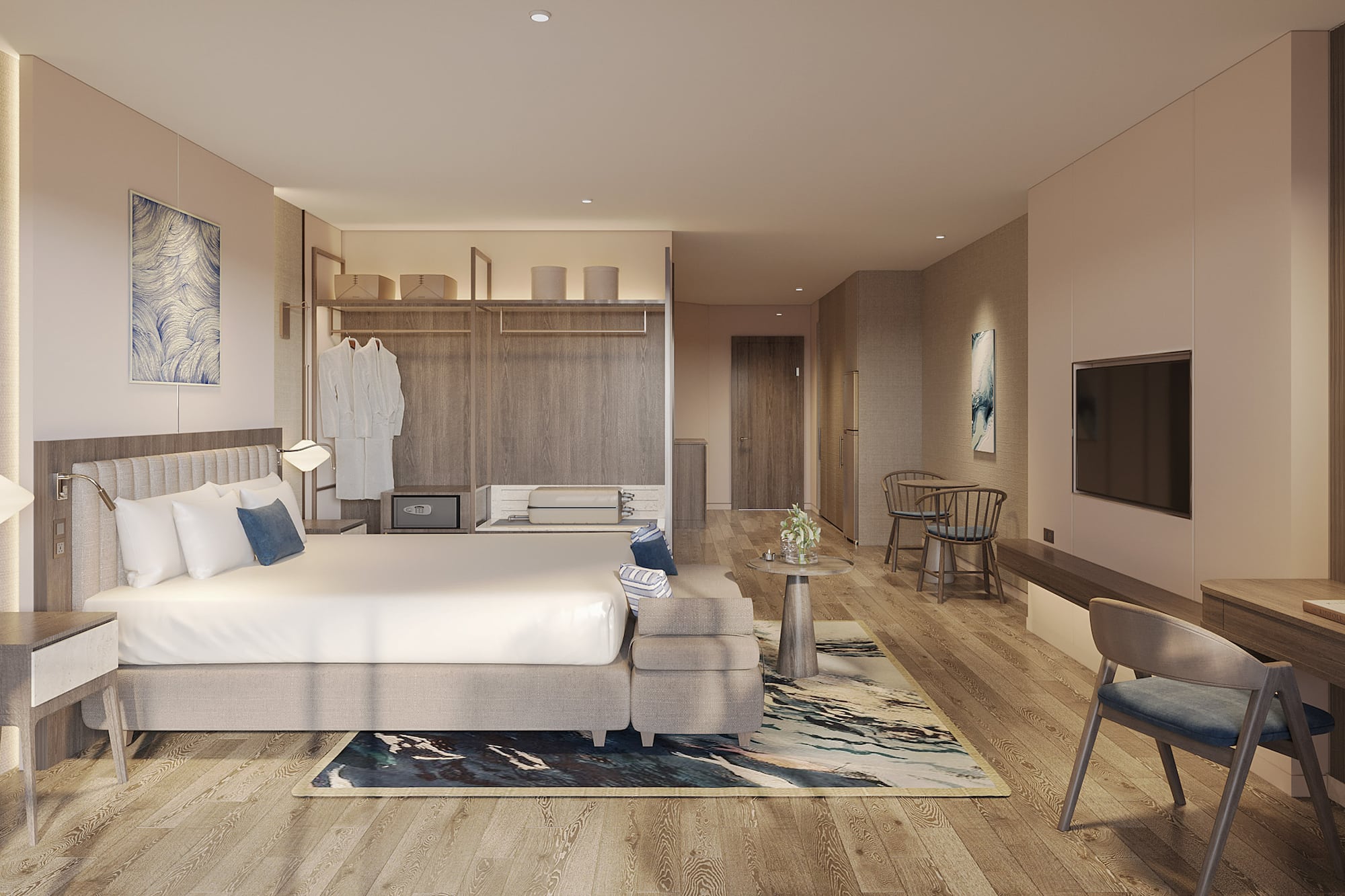 a room with a bed and a tv