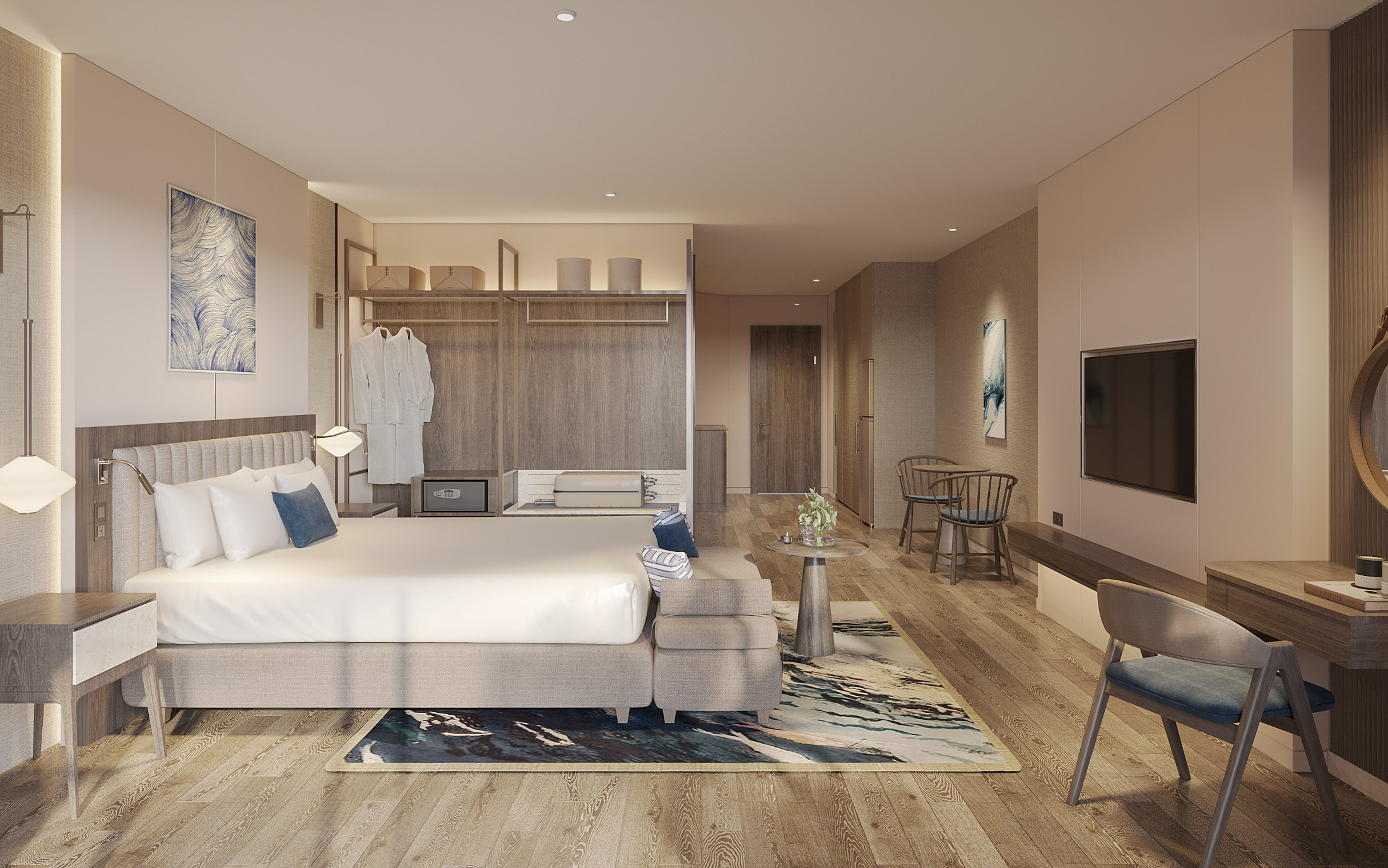 Contemporary hotel suite with king bed, open wardrobe, TV, and wood flooring.