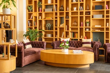 a room with a couch and a coffee table